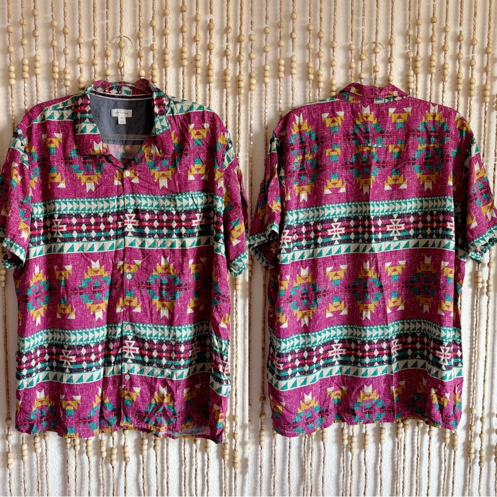 Sun + Stone Southwest Boho Aztec Ikat Short Sleeve Collared Button Down Top